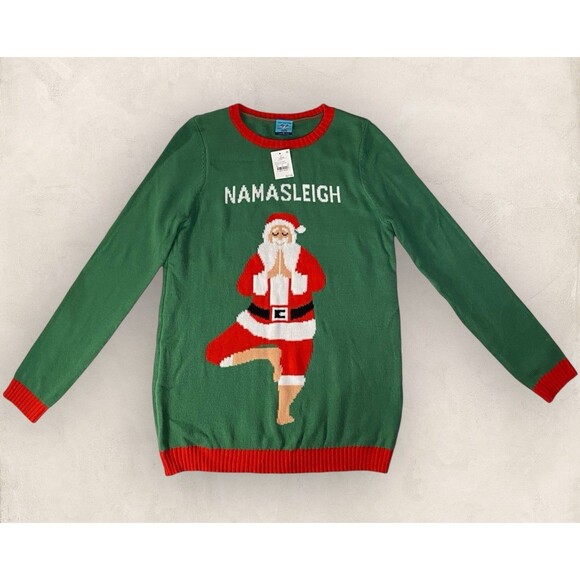 Womens Ugly Christmas Sweater Yoga Santa Namasleigh Holiday Size Large New w/Tag - Picture 1 of 10